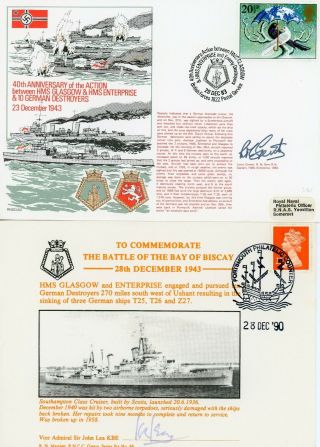 2 Rare Fdc Royal Navy Ww2 Hms Cruiser Actions Vs German Destroyers Signed