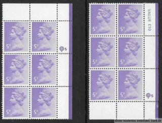 Gb 1971/96 5p Plate Block Of 6,  Sg Ug16/x1003,  Plate 5,  Row 1/20.  Questa.  Mnh