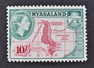 Nyasaland,  Qeii,  1953,  10s.  Carmine & Deep Emerald Value,  Sg 186,  Um,  Cat £17.