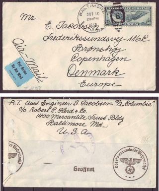 D1615/ Usa Baltimore Censor Airmail Cover T/denmark 1940