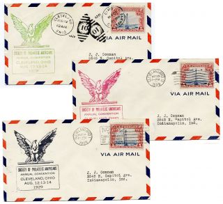 Us 1929 First Flight Covers Set Of 3 Philatelic Americans Spa Convention Clevela