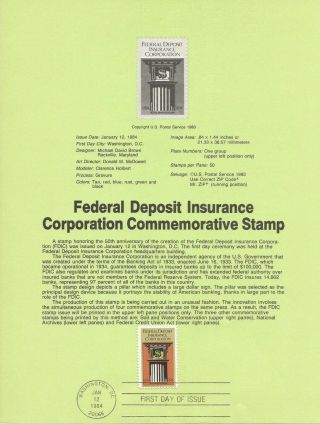 1984 U.  S.  Usps One Souvenir Page Scott 2071 Federal Deposit Insurance 20 Cent