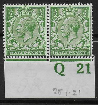1912 - 22.  Royal Cypher 1/2d.  Green.  Q21 (c) Imp.  Control Pair.  Mm.  Ref 9/80