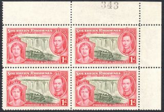 Southern Rhodesia 1937 1d Coronation,  Sheet Number Block Of 4,  Sg.  36,  Um