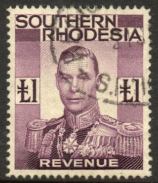 Southern Rhodesia Revenue 1937 £1 Purple,  Kgvi,  Barefoot 21,