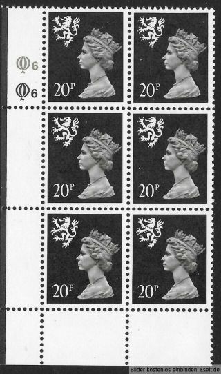 Gb/scotland 1971/98 20p Plate Block,  Sg Xsl34/s64,  Plate 6,  6.  Mnh