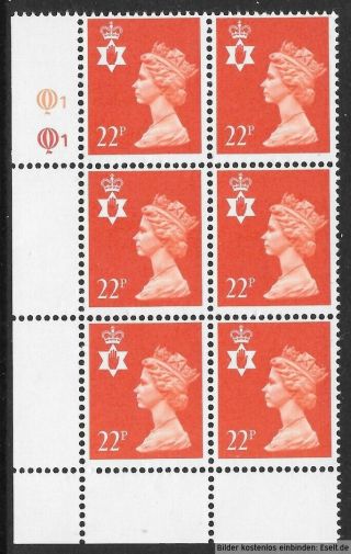 Gb/n.  Ireland 1971/00 22p Plate Block,  Sg Xnl39/ni55,  Plate 1,  1 Row 18.  Mnh