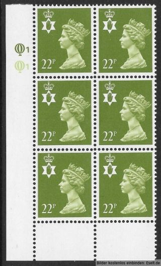 Gb/n.  Ireland 1971/00 22p Plate Block,  Sg Xnl38/ni54,  Plate 1,  1 Row 18.  Mnh