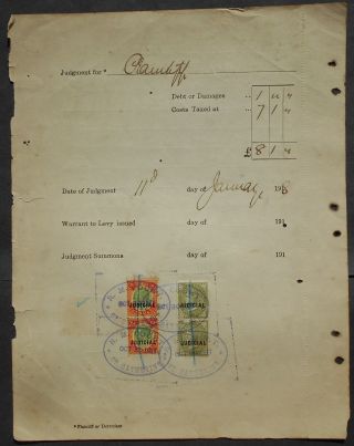 Jamaica 1917 Court Document W/ 4 Judicial Revenue Stamps