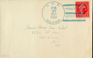 Uss Raleigh Cl - 7 1934 (pearl Harbor) Navy Day Ships Cancellation On Cover