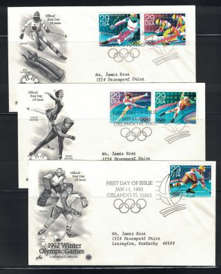 Us 1992: 2611 - 2615 Winter Olympics 3 Different Sa Cachet Fdcs - Lot 4/3