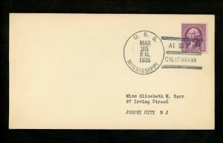 Us Naval Ship Cover Uss Mississippi Bb - 41 Pre Wwii 1935 California Battleship