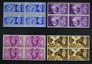 Kgvi,  1948 Olympic Games,  Set Of 4 Stamps In Blocks Of 4,  Um,  Cat £32.