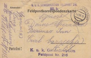 Austria 1915 Military Card Canc.  K.  U.  K.  Feldpostamt 216