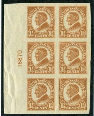 1925 Us Scott 576 One & 1/2 Cent Harding Imperf Plate Block Of 6 Stamps