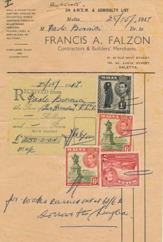 Malta 1947,  Invoice Document With Postage Stamps As Revenues.  B11
