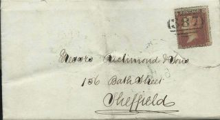 Gb 1856 1d Red Stars Entire With Huddersfield 387 Numeral To Sheffield