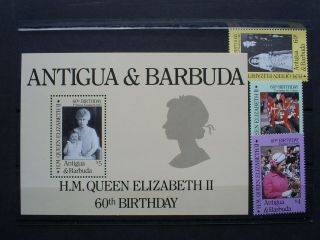 Antigua & Barbuda Stamp Mini Sheet & Set Of 3 Stamps 1986 Q.  E.  Ii 60th Birthday.