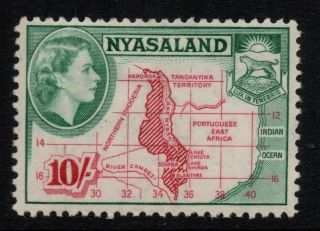 Nyasaland 1953/54 10/ - Carmine & Deep Emerald Qe2 - Sg 186 - Mounted