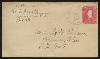 Postal Cover Senecaville,  Ohio Doane Cancel Fleming,  Oh Doane Receive Cancel 1907