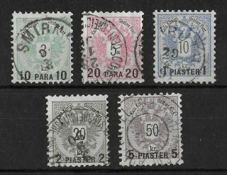 Austria Post Levant 1888 Complete Set Of 5 Michel 15 - 19 Cv €80