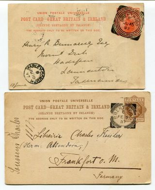 Uk Squared Circle Postmarks - Brentwood 1887 To Germany / 1897 To Tasmania - Upu