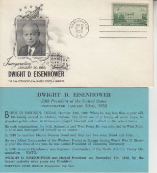 1953 Dwight Eisenhower " Ike " Inauguration Fleetwood Cachet W Insert,  990 Exec.