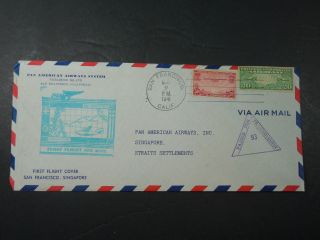 1941 Air Mail First Flight Pan American Airways Singapore Envelope Cover Stamps