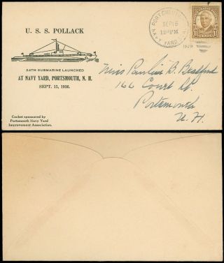 1936 Cover Launching Of The Submarine Uss Pollack,  Portsmouth Nh Navy Yard Sta.