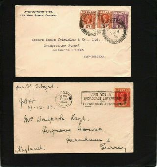 Ceylon - 1933 - Two Postal History Covers To England - With Slogan Colombo Cds
