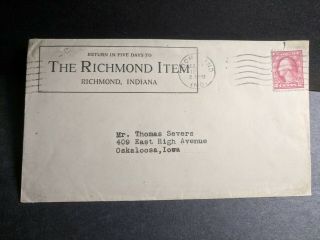 The Richmond,  Indiana Item Newspaper Postal History Cover Wwi Era