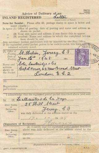 Jersey 1948 " Ar " Advice Of Delivery Form,  3d Tied Jersey Registered Pmk