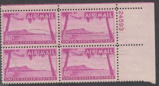 U.  S.  C46 80c Hawaii Plate Block " The Orchid Stamp " 1952 Issue Un - No Gum