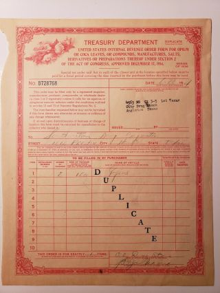 Opium Order Form For Opium,  Coca Leaves Series Of 1936 1929 Treasury Department
