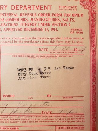 Opium Order Form for Opium,  Coca Leaves Series of 1936 1929 treasury department 2