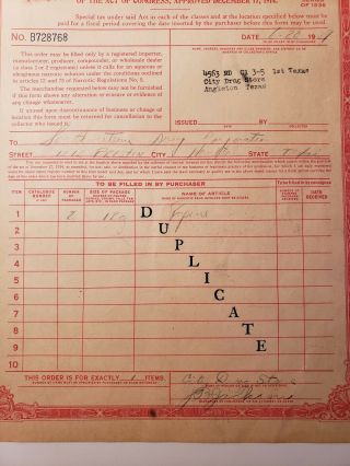 Opium Order Form for Opium,  Coca Leaves Series of 1936 1929 treasury department 4