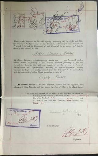 BSAC 1904 Revenue Arms 4/ - and £1 Perfins on Deed of Transfer 2