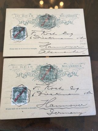 2 Rare Mozambique Portuguese Colonial Postal Card Covers To Germany 1912?