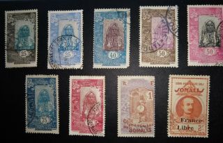 French Somalia Coast 1915 - 30.  9 Stamps Somali Girl,  Drummer,  Gov.  (108)
