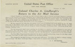 Rare 1928 U.  S.  Post Office Lindbergh Advertisement - Return To Air Mail Service