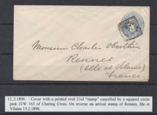 Lot:31185 Gb Qv Cover With Printed Oval 2 1/2d Stamp Charing Cross And Rennes,