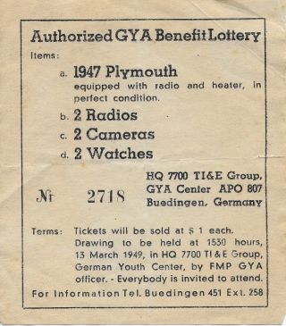 1949 Germany Youth Association Benefit Lottery Ticket Buedingen Germany Nr 2718