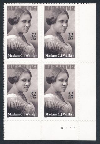 Us 3181 = 32¢ Madam C.  J.  Walker Black Heritage Plate Block Of 4 = Vf Nh