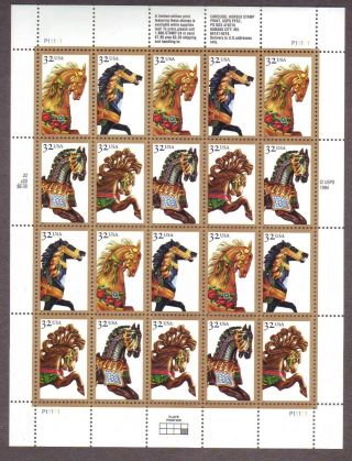 {bj Stamps} 2976 - 2979 Carousel Horses.  Mnh 32¢ Sheet Of 20.  Issued In 1995.