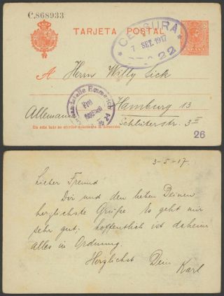 Spain Wwi 1917 - Postal Stationery To Hamburg Germany - Censor 37160/18