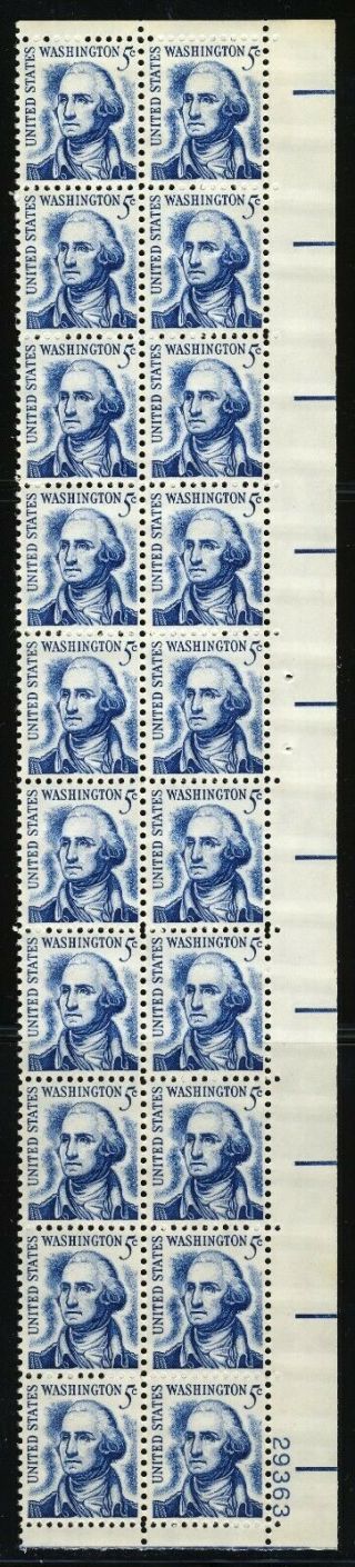 Us 1967 George Washington Plate Block Of 20 (1283b).  Never Hinged