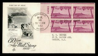 Dr Who 1952 Fdc 80c Airmail Plate Block Hawaii Art Craft Cachet E74574