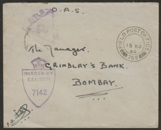 Gb Army Field Post Office 769 1944 Unstamped Cover Burma To India W Censor Marks