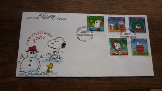 Gibraltar Stamp Issue Fdc,  2001 Peanuts Charlie Brown Snoopy Set Of 5 Stamps