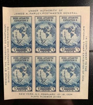 Us Stamp 3 Cents Byrd Antarctic Expedition 6 Souviner Sheet.  1934